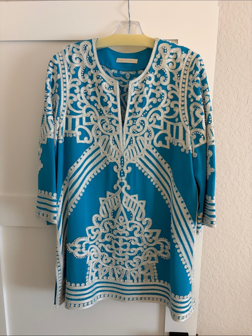 Naeem Khan Turquoise Dress with White Embroidery